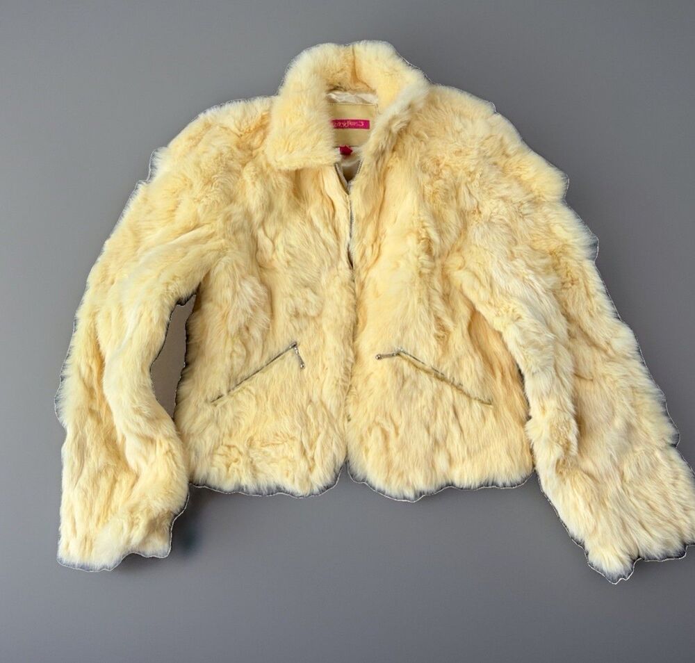 Jennyfer J Vintage Rabbit Fur Jacket Coat Womens Size M Yellow Cream Y2K Zip